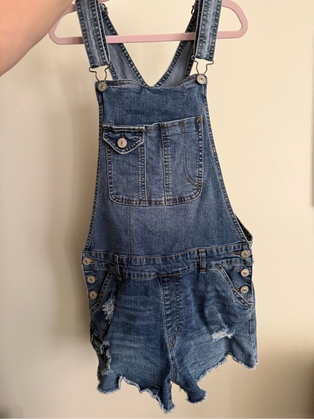 Wallflower Denim Blue Distressed Short Overalls